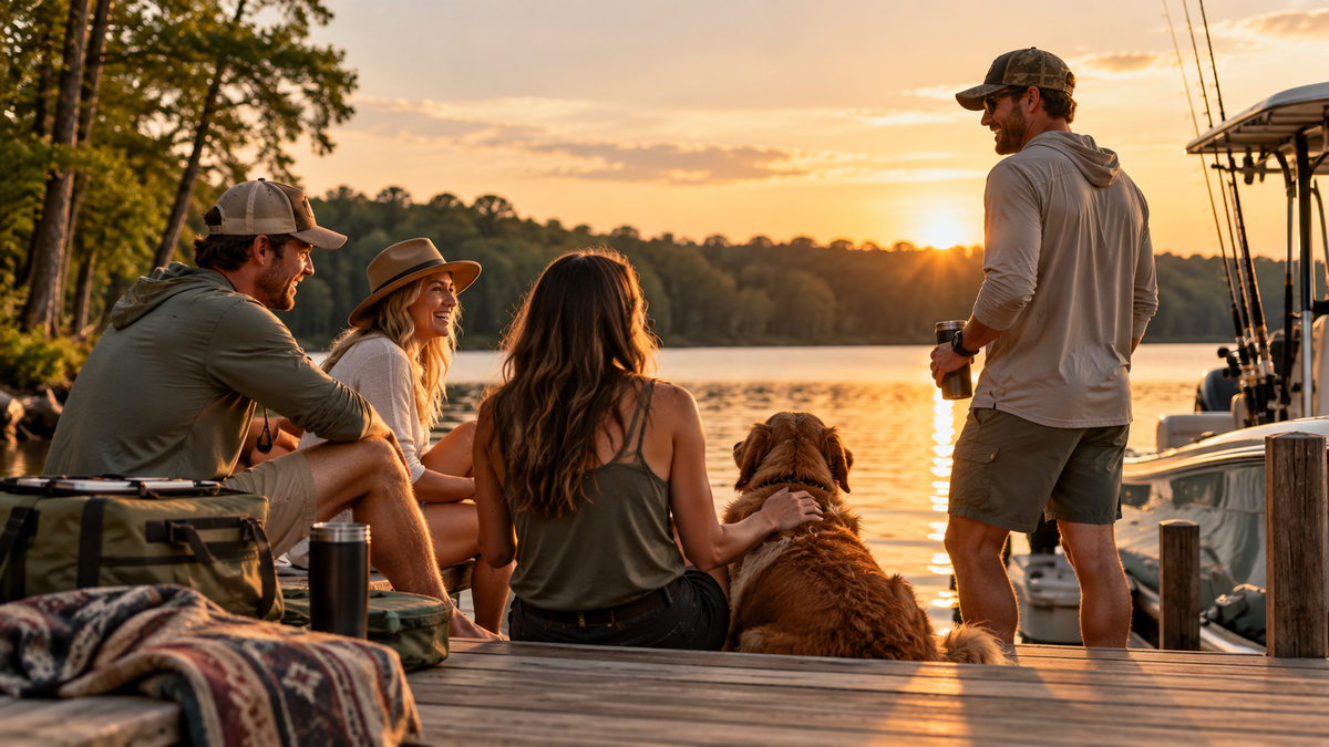 Friends enjoying an evening outdoors by the lake with a boat and dog on the deck by a lake.