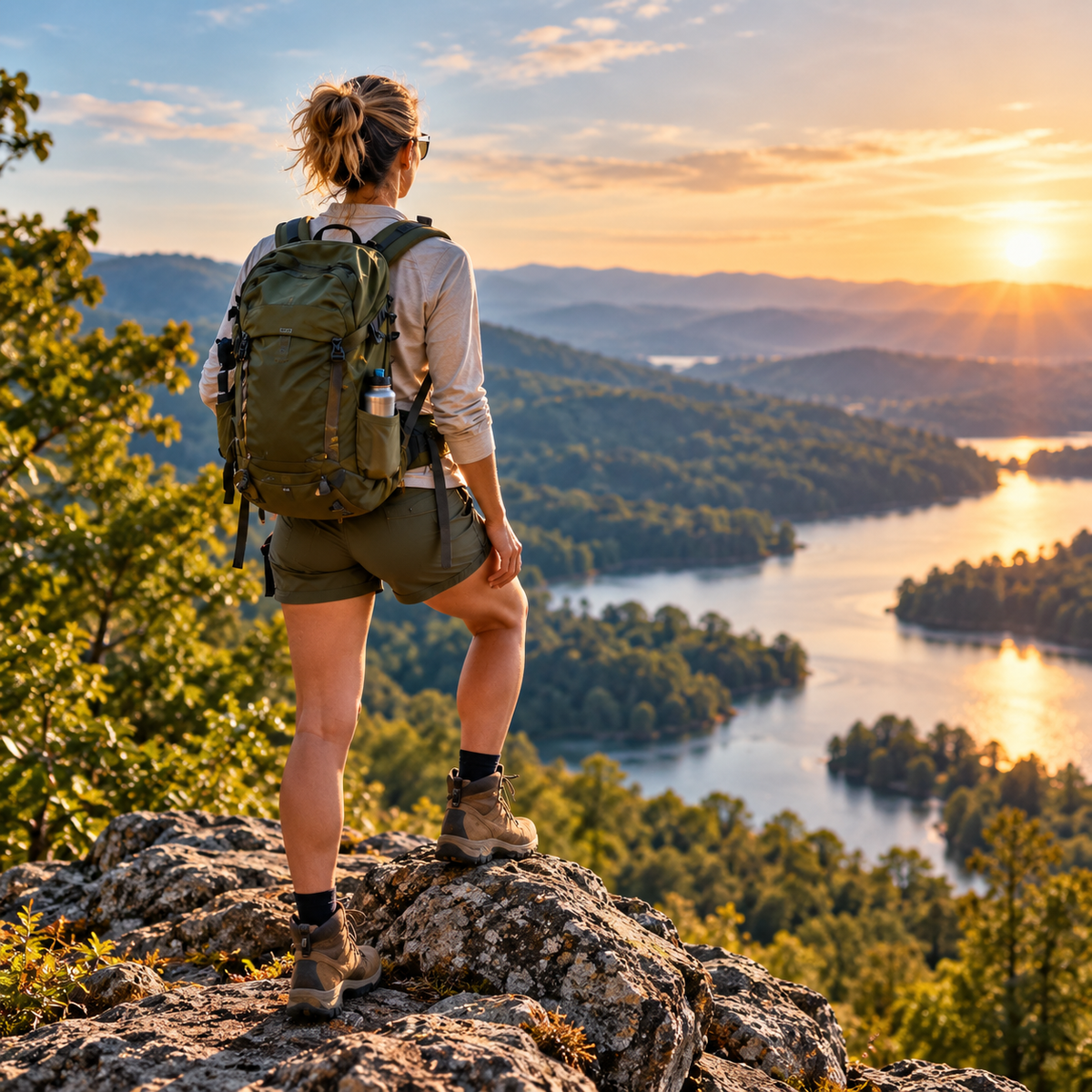 Woman hiking on a rocky overlook with backpack overlooking a mountain lake.