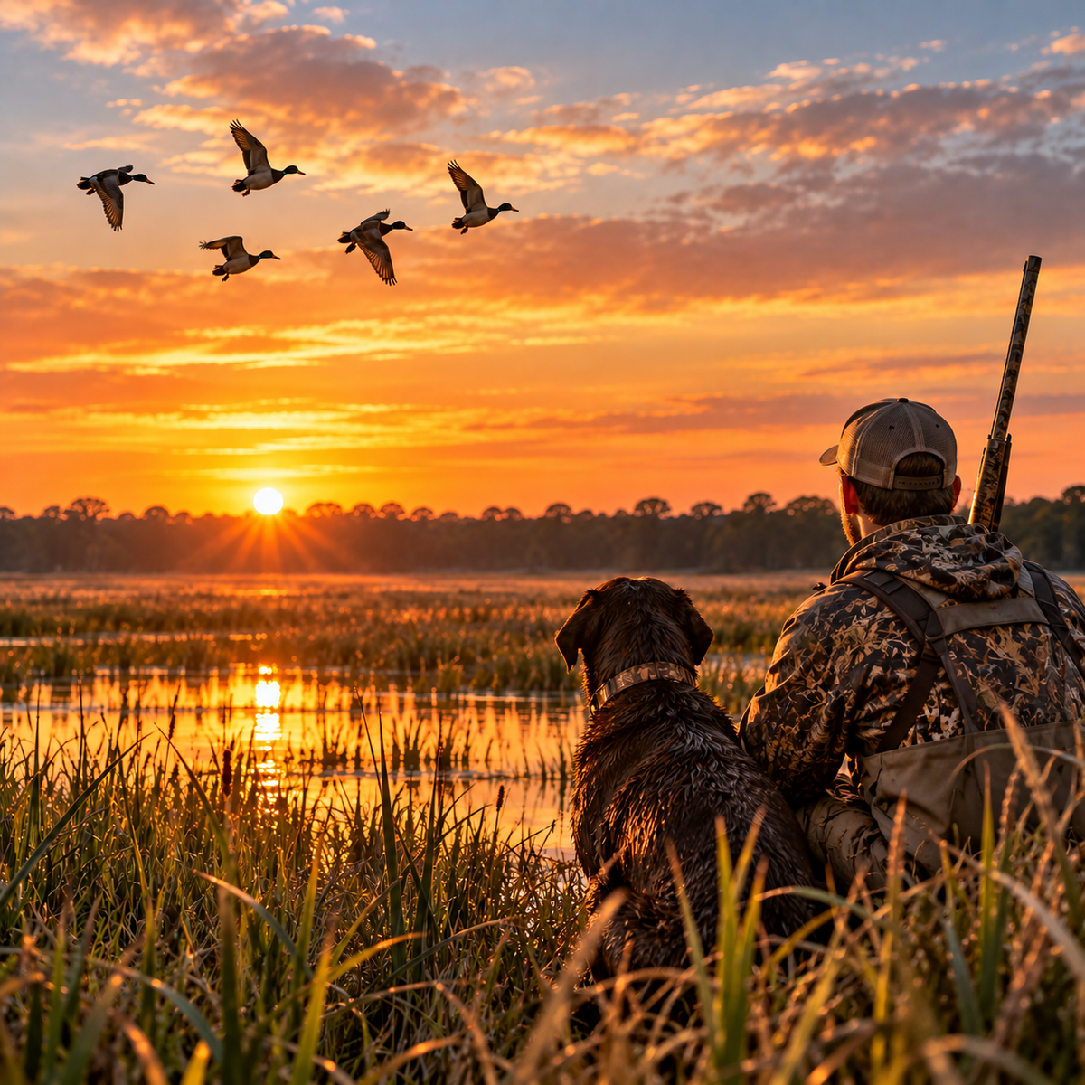 Hunter with a dog beside a marsh at sunrise with ducks flying overhead.