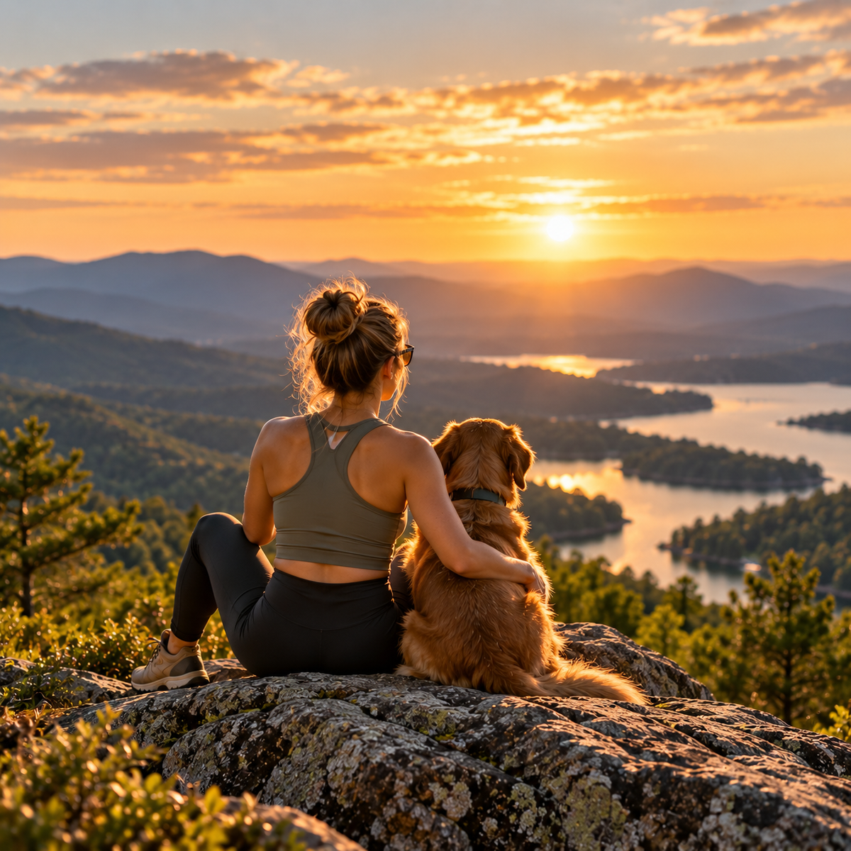 Woman in activewear relaxing outdoors with a dog overlooking a mountain lake.