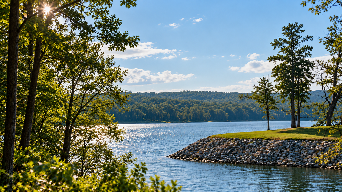 Arkabutla Lake near Hernando, Mississippi, surrounded by trees and North Mississippi landscape.