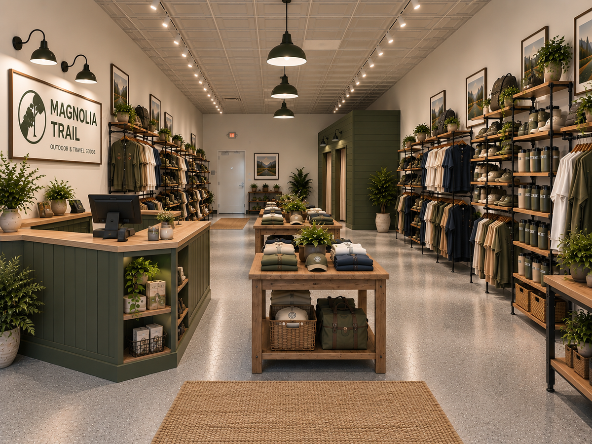 A wide, well-lit retail store interior with clothing racks, shelves, hanging lamps, a reception counter, and a central display table. A large wall sign reads 'MAGNOLIA TRAIL OUTDOOR & TRAVEL STORE'.