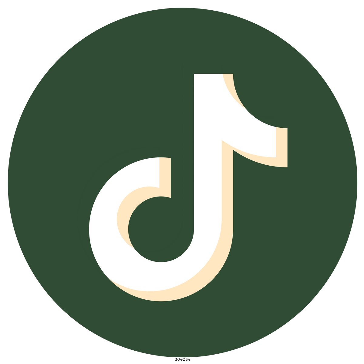 A circular dark green icon featuring the TikTok music note logo in white with a soft beige shadow, centered on a plain white background.